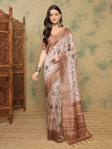 TARANG-Elegant Beige Tribal Printed Linen Saree with Copper Border