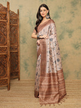 TARANG-Elegant Beige Tribal Printed Linen Saree with Copper Border