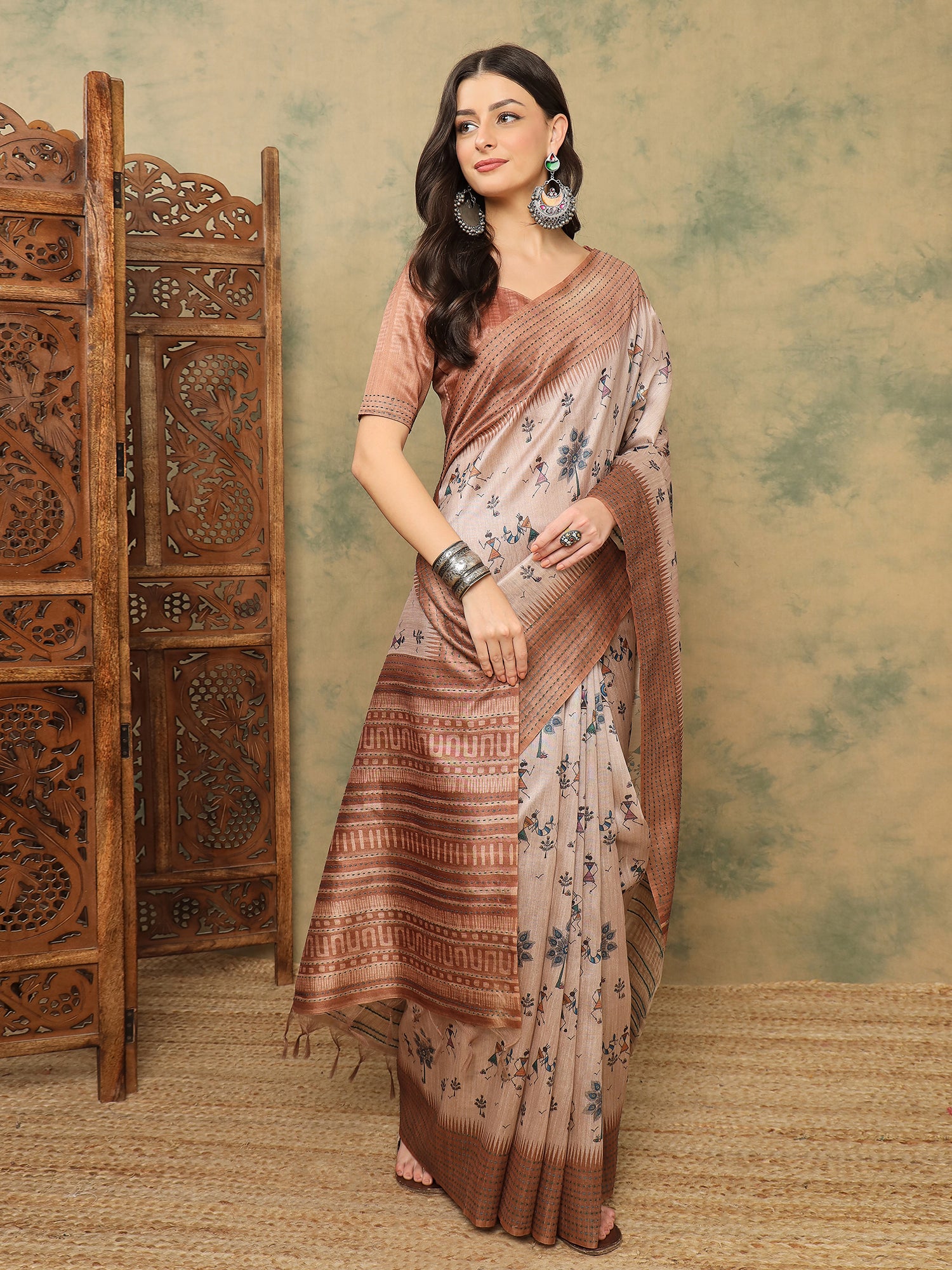 TARANG-Elegant Beige Tribal Printed Linen Saree with Copper Border