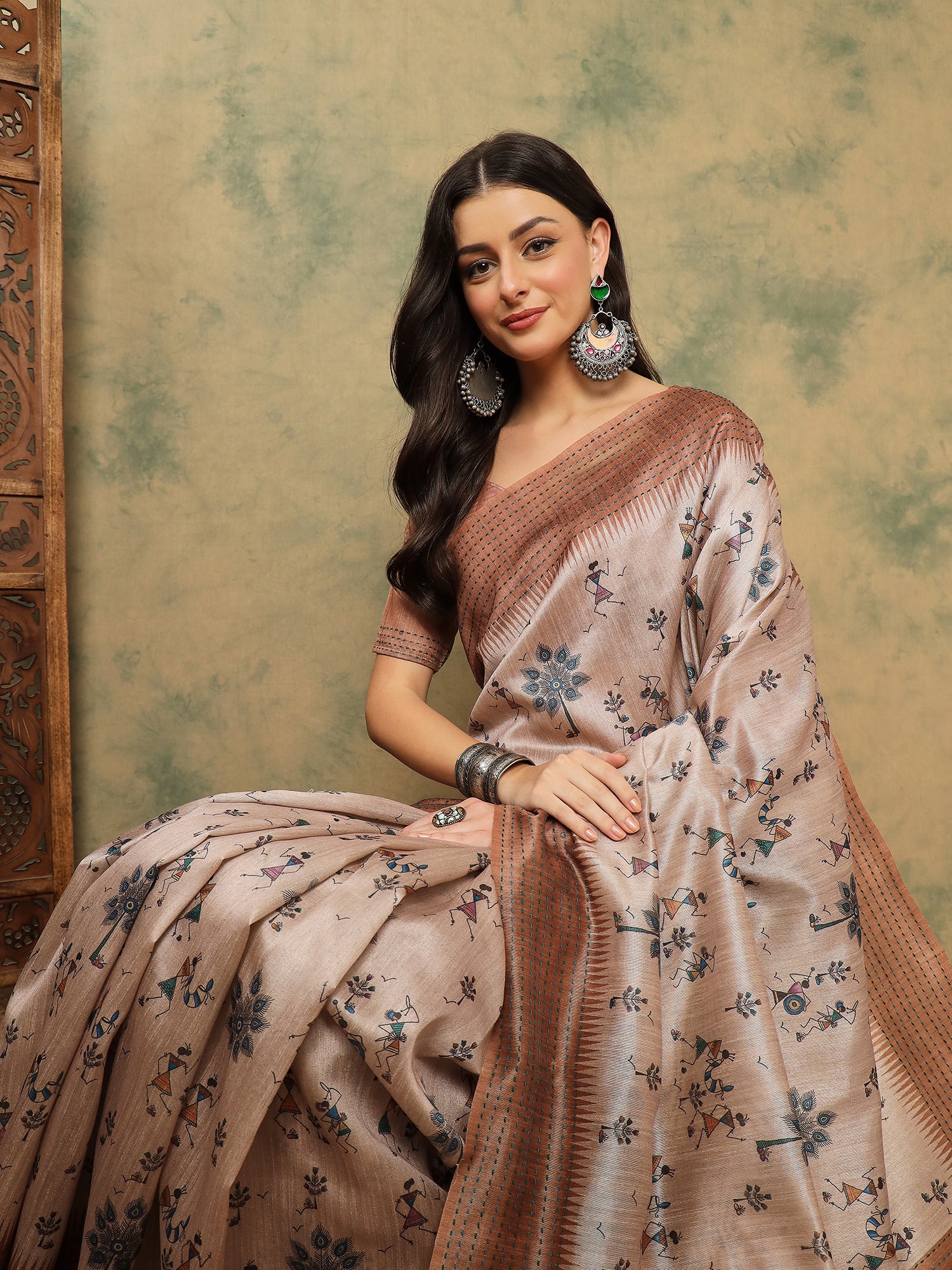 TARANG-Elegant Beige Tribal Printed Linen Saree with Copper Border