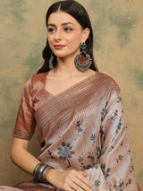 TARANG-Elegant Beige Tribal Printed Linen Saree with Copper Border
