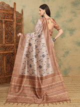 TARANG-Elegant Beige Tribal Printed Linen Saree with Copper Border