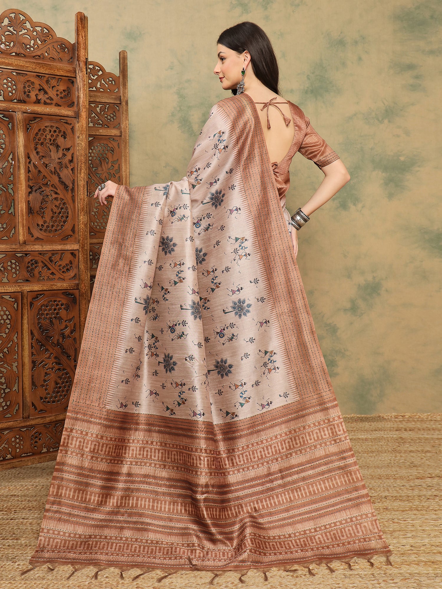 TARANG-Elegant Beige Tribal Printed Linen Saree with Copper Border