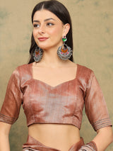 TARANG-Elegant Beige Tribal Printed Linen Saree with Copper Border