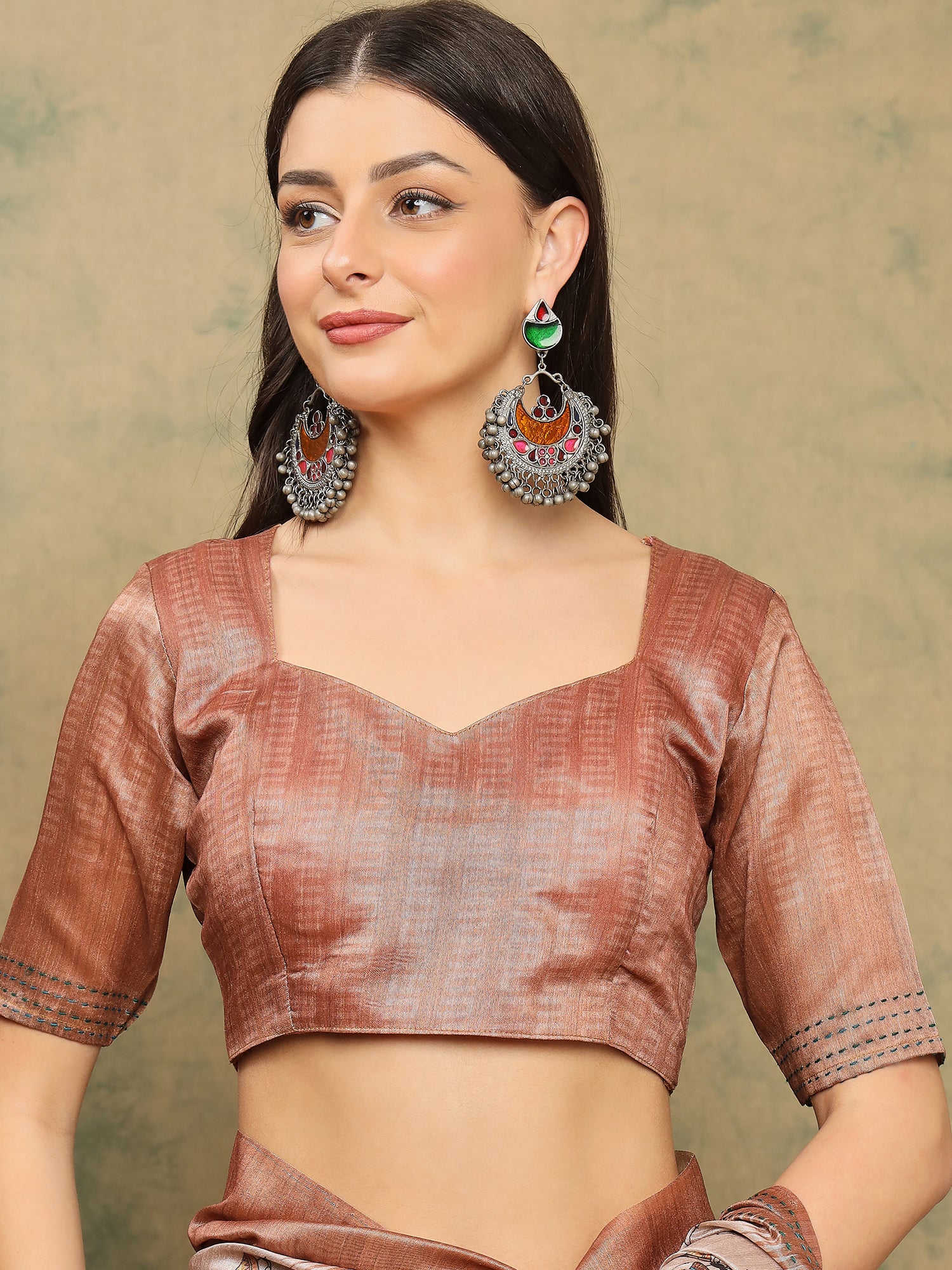 TARANG-Elegant Beige Tribal Printed Linen Saree with Copper Border