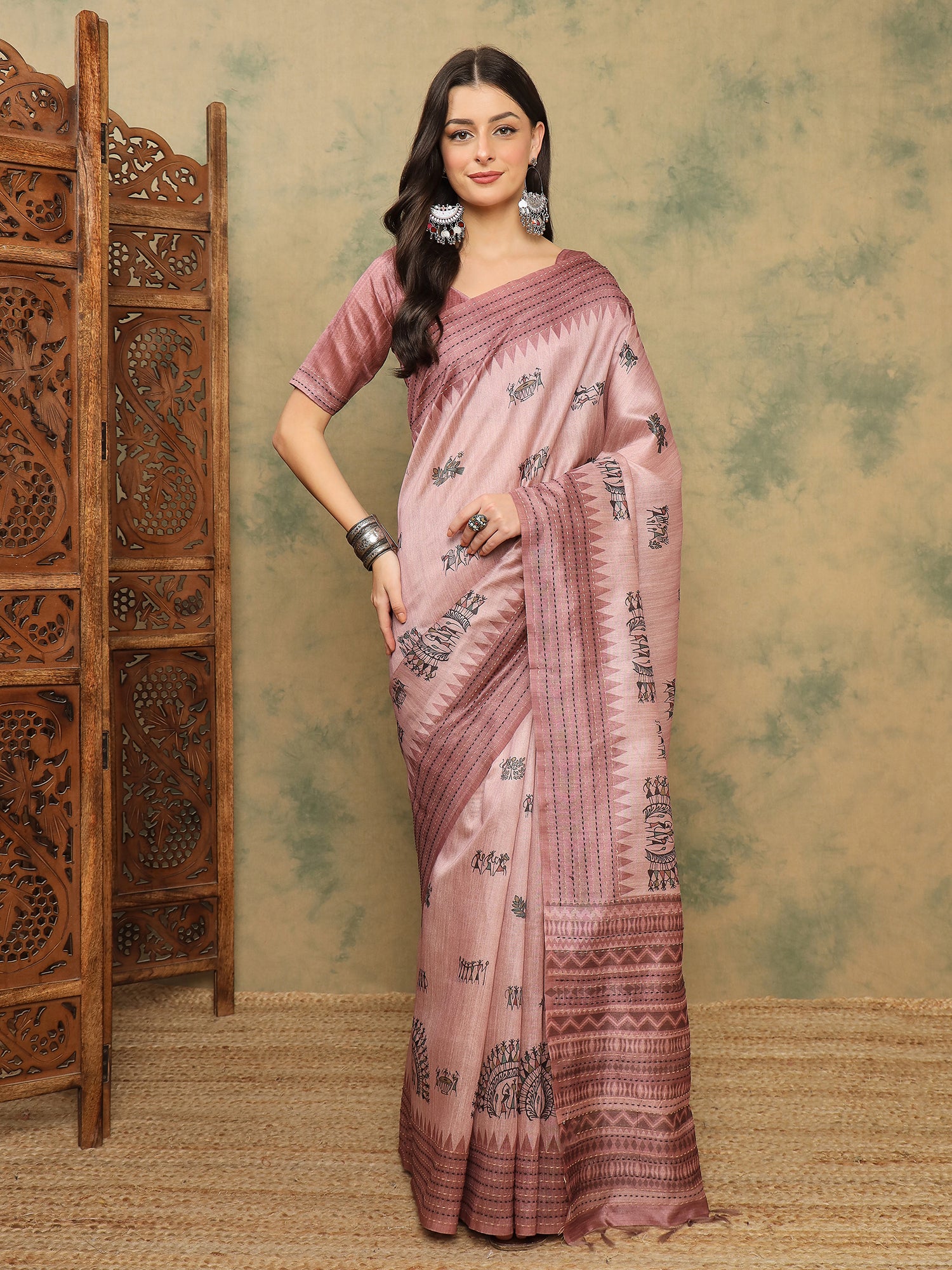 TARANG-Elegant Blush Pink Tribal Printed Linen Saree with Ethnic Woven Border
