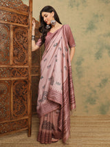 TARANG-Elegant Blush Pink Tribal Printed Linen Saree with Ethnic Woven Border