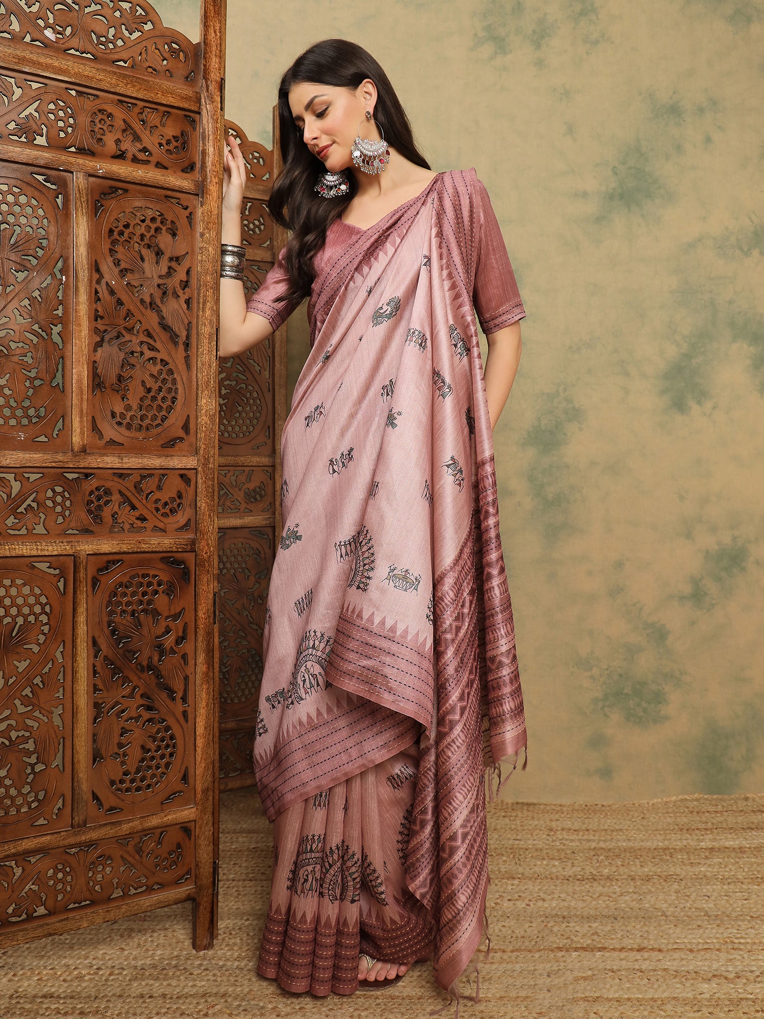 TARANG-Elegant Blush Pink Tribal Printed Linen Saree with Ethnic Woven Border