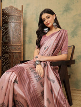 TARANG-Elegant Blush Pink Tribal Printed Linen Saree with Ethnic Woven Border