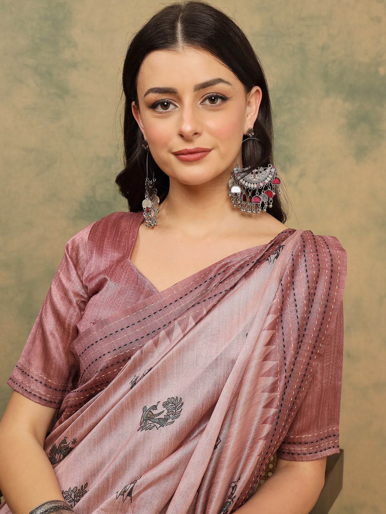 TARANG-Elegant Blush Pink Tribal Printed Linen Saree with Ethnic Woven Border