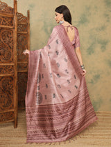 TARANG-Elegant Blush Pink Tribal Printed Linen Saree with Ethnic Woven Border