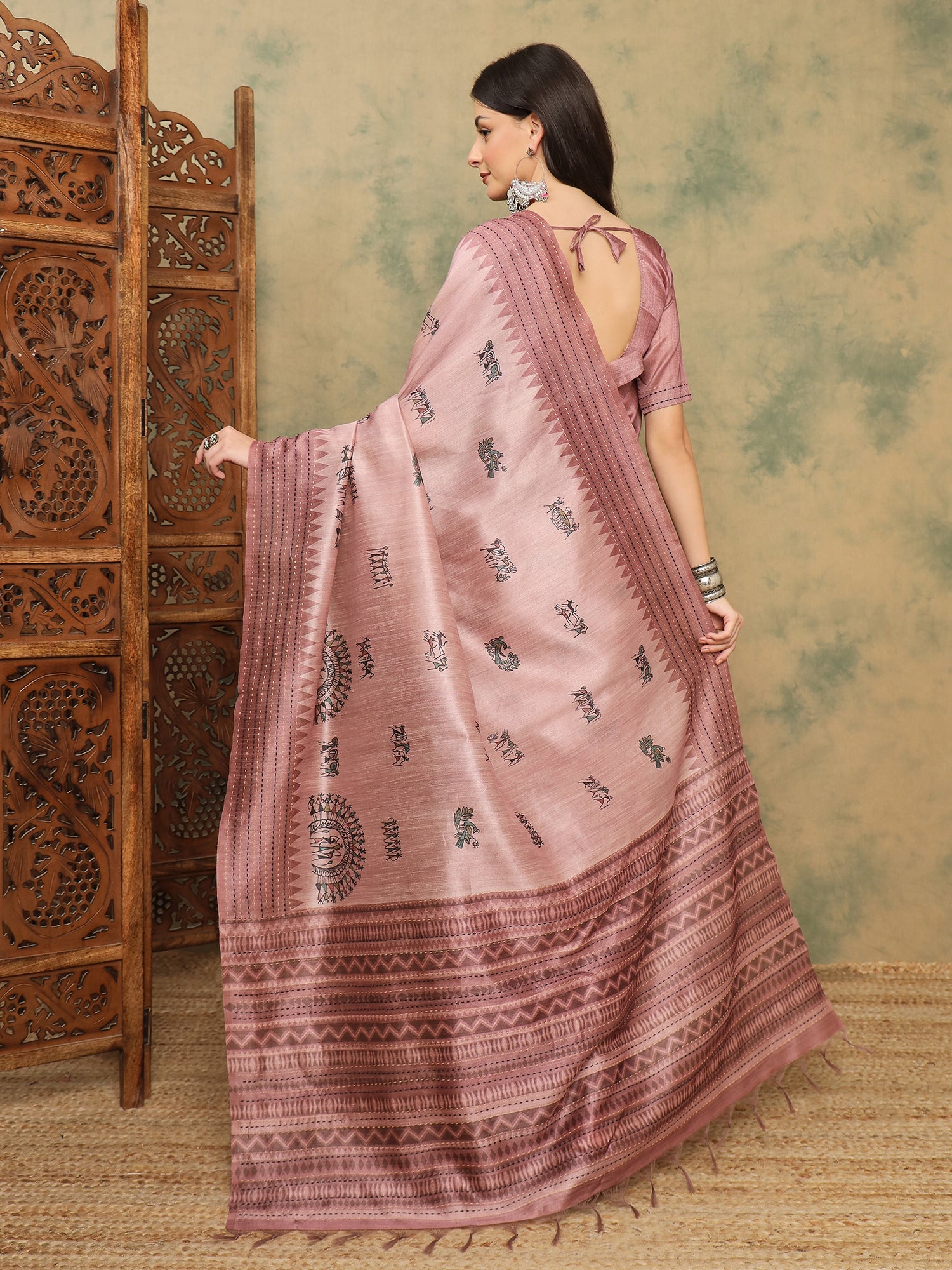 TARANG-Elegant Blush Pink Tribal Printed Linen Saree with Ethnic Woven Border