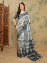 TARANG-Elegant Grey Tribal Art Printed Linen Saree with Designer Border
