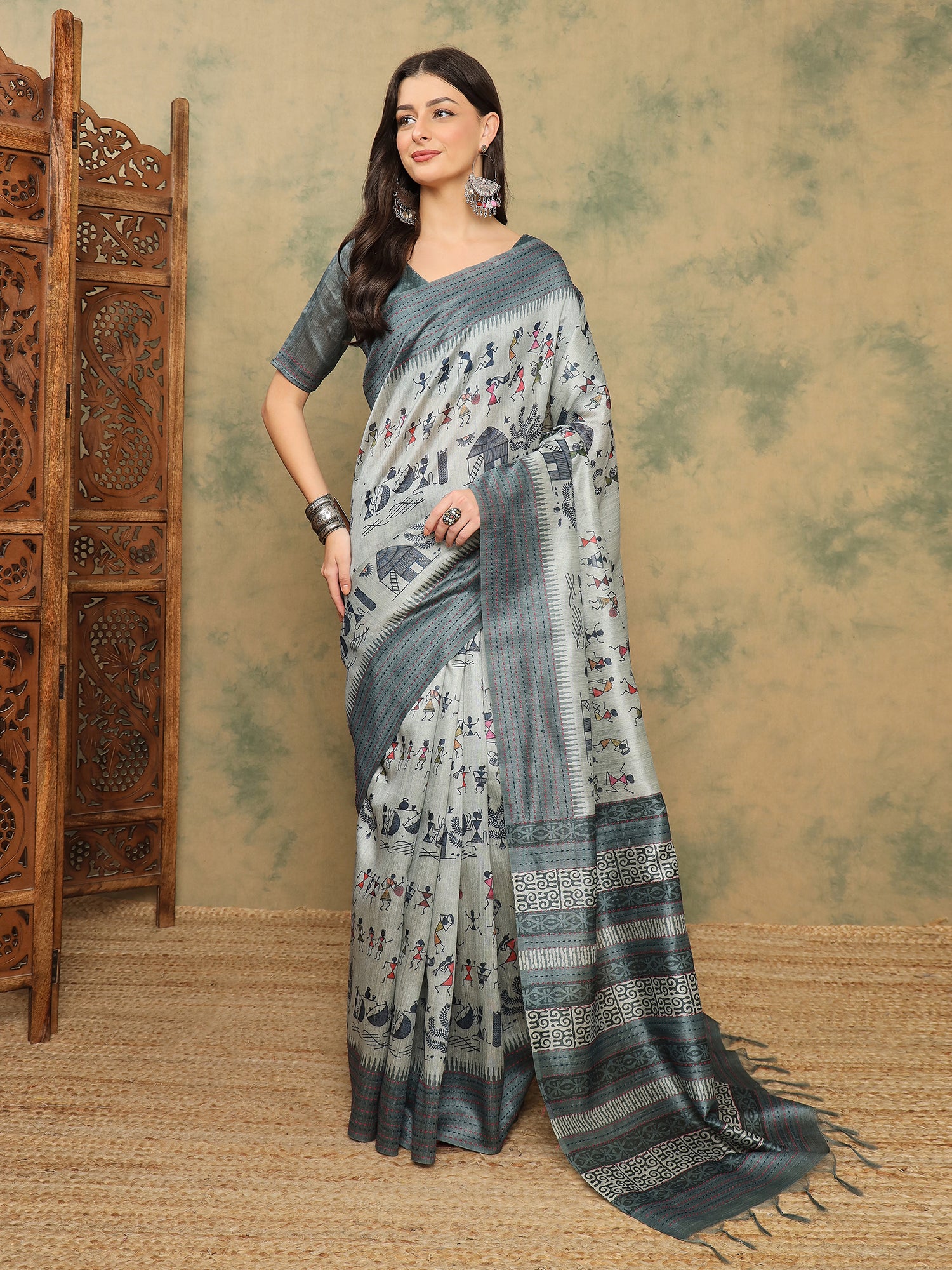 TARANG-Elegant Grey Tribal Art Printed Linen Saree with Designer Border
