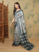 TARANG-Elegant Grey Tribal Art Printed Linen Saree with Designer Border