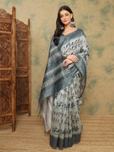 TARANG-Elegant Grey Tribal Art Printed Linen Saree with Designer Border