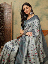 TARANG-Elegant Grey Tribal Art Printed Linen Saree with Designer Border