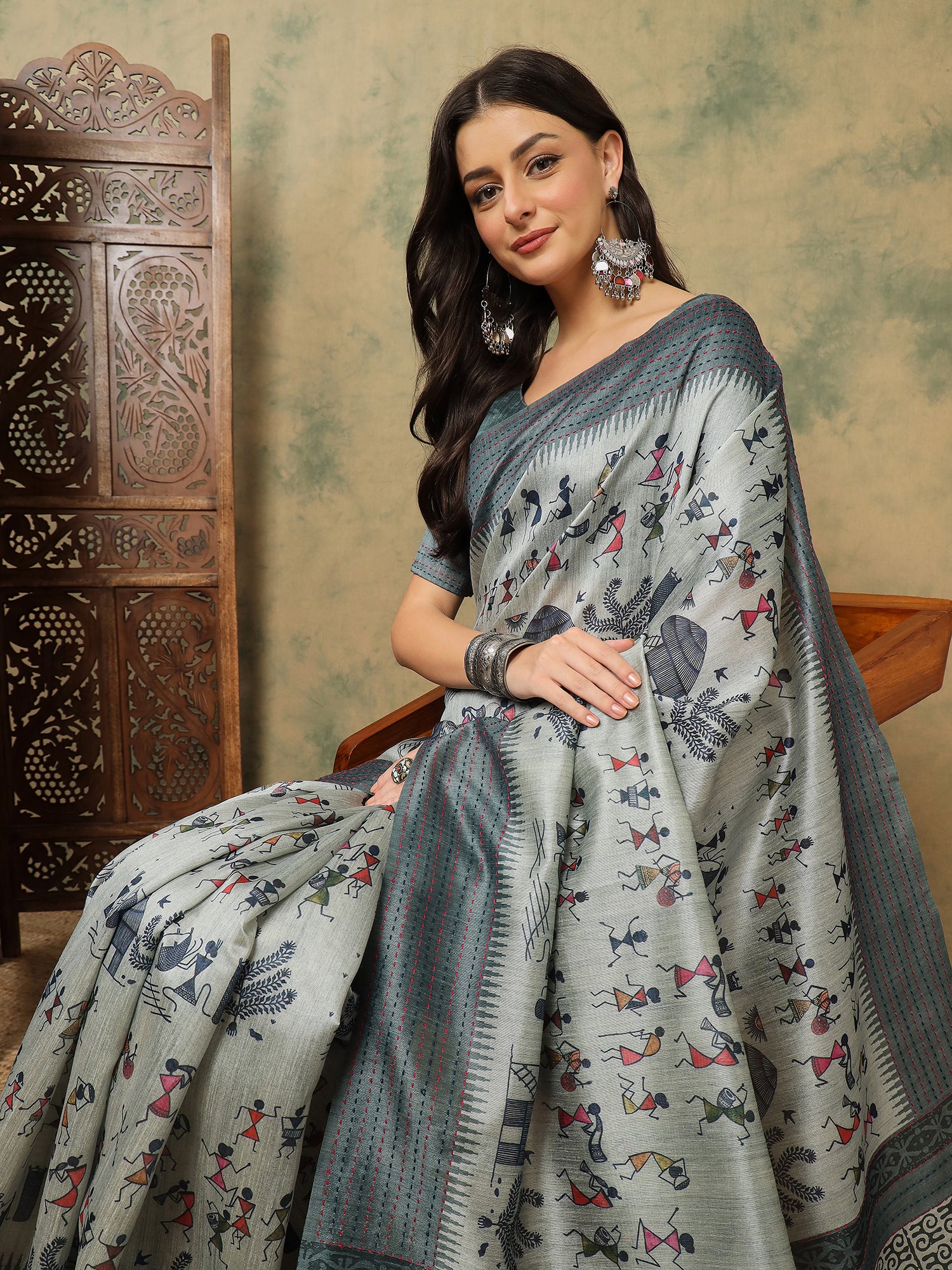 TARANG-Elegant Grey Tribal Art Printed Linen Saree with Designer Border