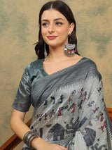 TARANG-Elegant Grey Tribal Art Printed Linen Saree with Designer Border