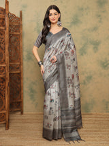 TARANG-Elegant grey saree with intricate tribal and folk art inspired prints