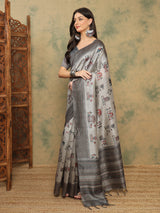TARANG-Elegant grey saree with intricate tribal and folk art inspired prints