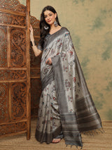 TARANG-Elegant grey saree with intricate tribal and folk art inspired prints