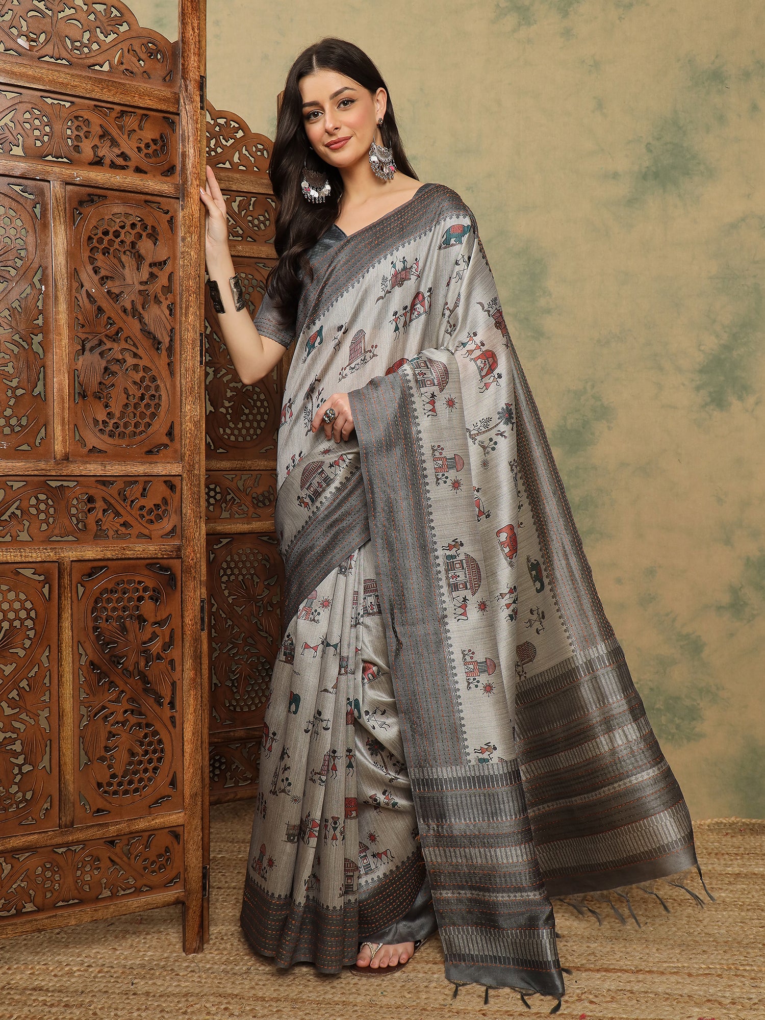 TARANG-Elegant grey saree with intricate tribal and folk art inspired prints