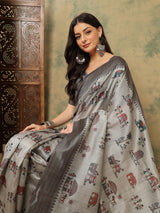 TARANG-Elegant grey saree with intricate tribal and folk art inspired prints