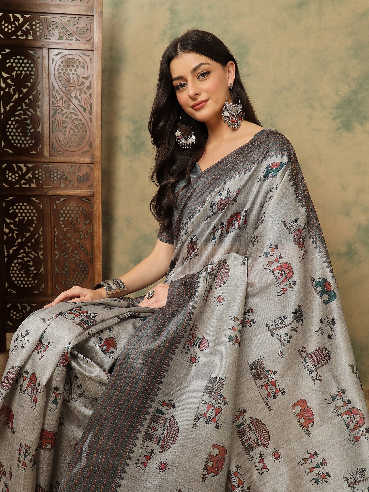 TARANG-Elegant grey saree with intricate tribal and folk art inspired prints