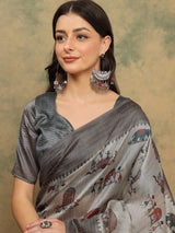 TARANG-Elegant grey saree with intricate tribal and folk art inspired prints