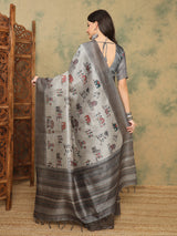 TARANG-Elegant grey saree with intricate tribal and folk art inspired prints