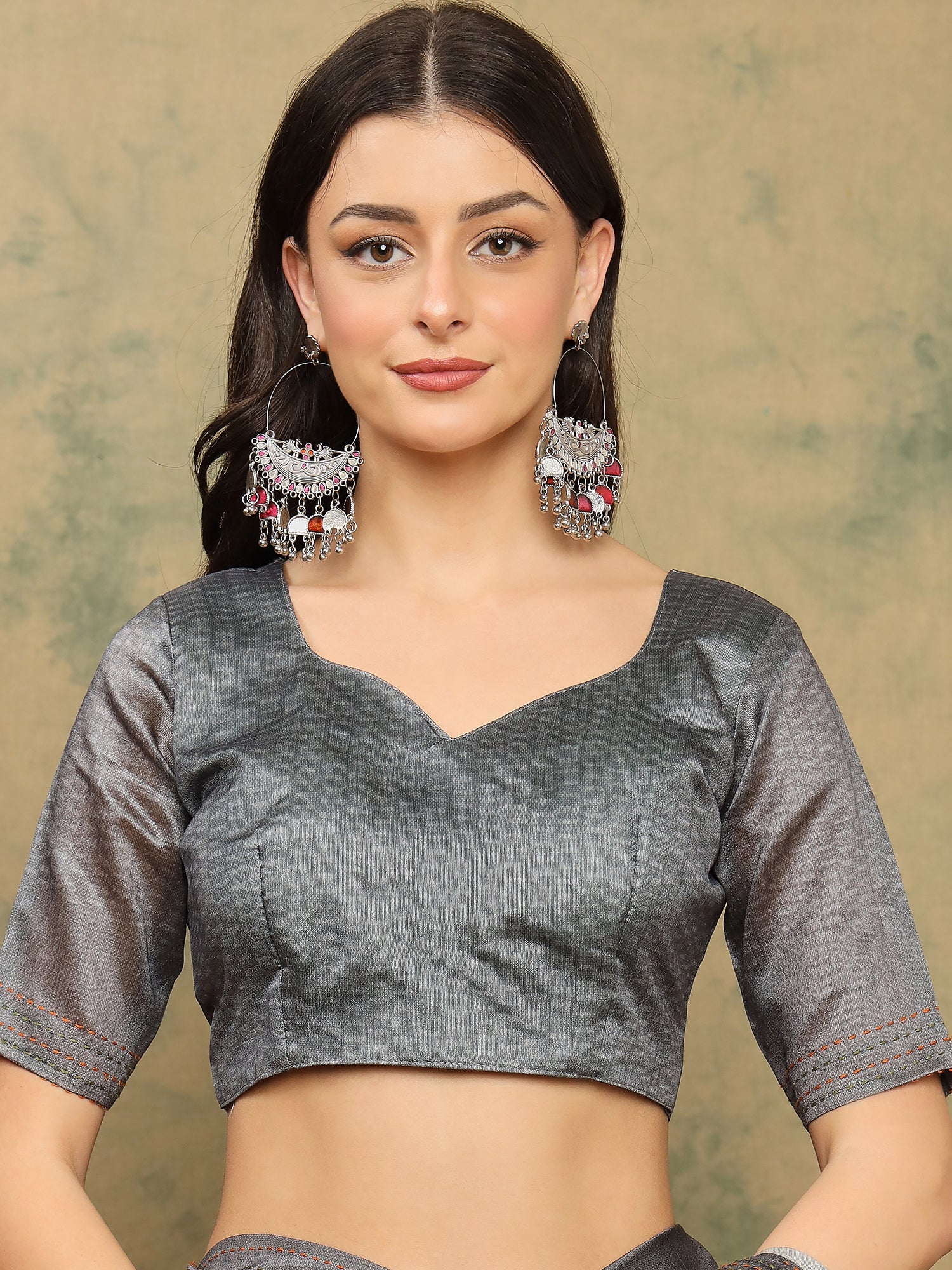 TARANG-Elegant grey saree with intricate tribal and folk art inspired prints