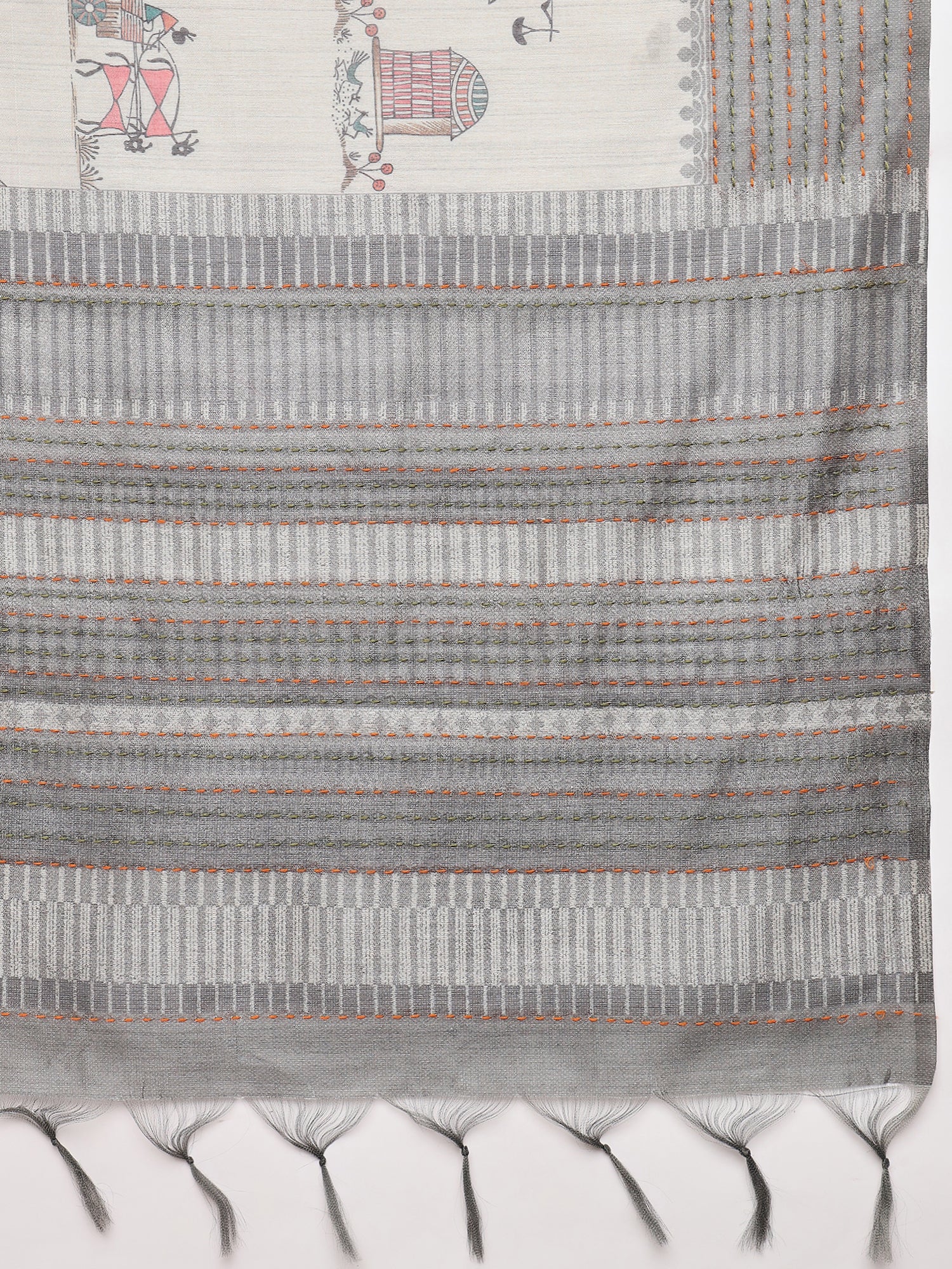 TARANG-Elegant grey saree with intricate tribal and folk art inspired prints