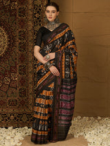 Womaniya Bhagalpuri Silk Saree – Black and Orange with Traditional Zari Work | Bold Vibrancy Meets Timeless Tradition