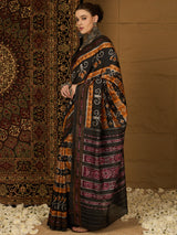 Womaniya Bhagalpuri Silk Saree – Black and Orange with Traditional Zari Work | Bold Vibrancy Meets Timeless Tradition