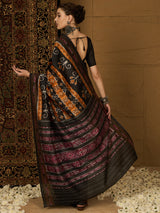 Womaniya Bhagalpuri Silk Saree – Black and Orange with Traditional Zari Work | Bold Vibrancy Meets Timeless Tradition