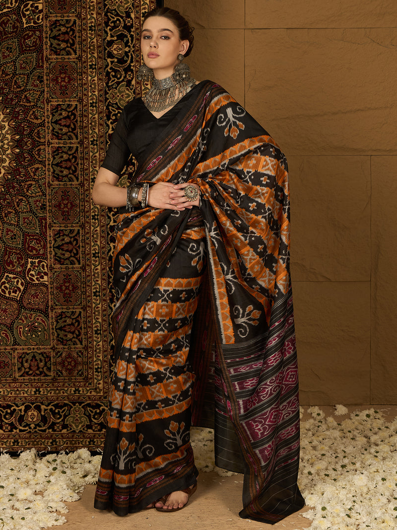 Womaniya Bhagalpuri Silk Saree – Black and Orange with Traditional Zari Work | Bold Vibrancy Meets Timeless Tradition