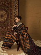 Womaniya Bhagalpuri Silk Saree – Black and Orange with Traditional Zari Work | Bold Vibrancy Meets Timeless Tradition