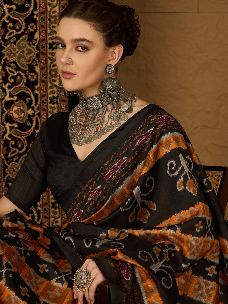 Womaniya Bhagalpuri Silk Saree – Black and Orange with Traditional Zari Work | Bold Vibrancy Meets Timeless Tradition