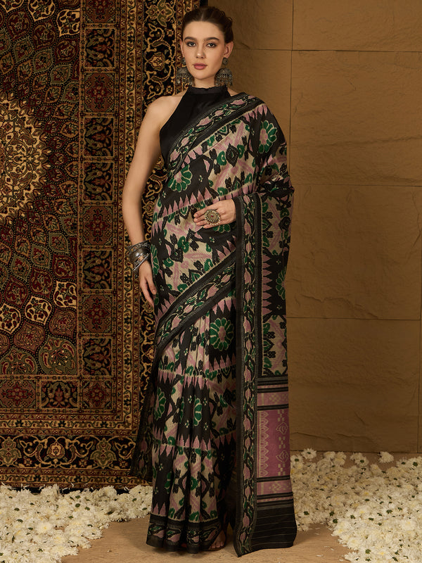 Womaniya Bhagalpuri Silk Saree – Nature-Inspired Green Florals on Black | Classic Elegance with Floral Borders for Weddings and Festivals