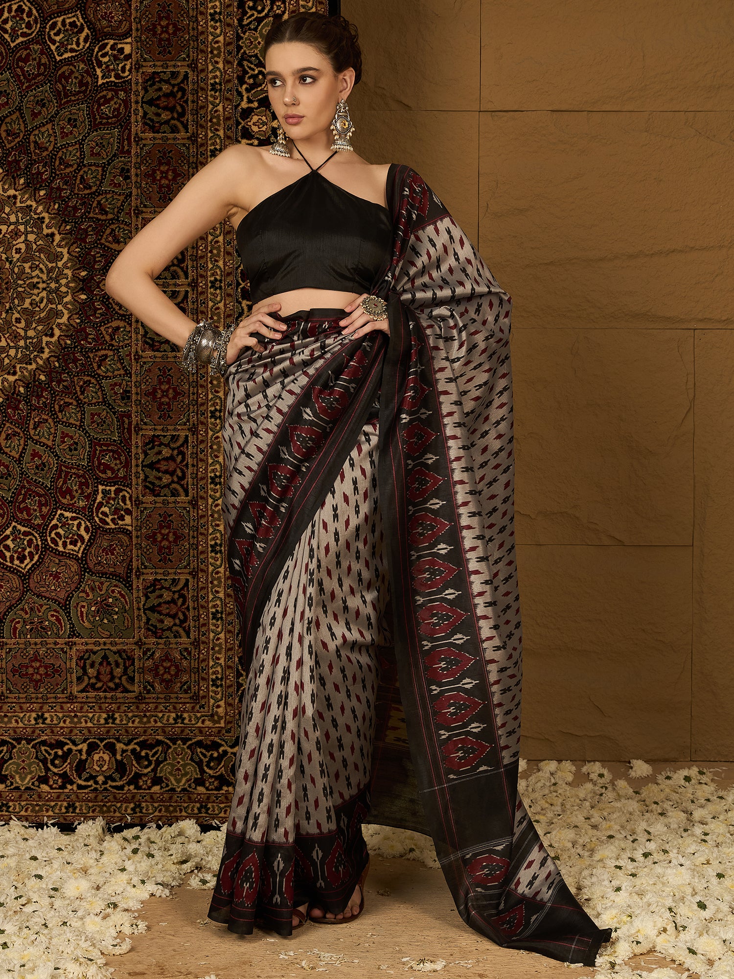 WOMANIYA Black printed Design – Premium saree  Elegant Collection  Sarees in Authentic Bhagalpuri Silk