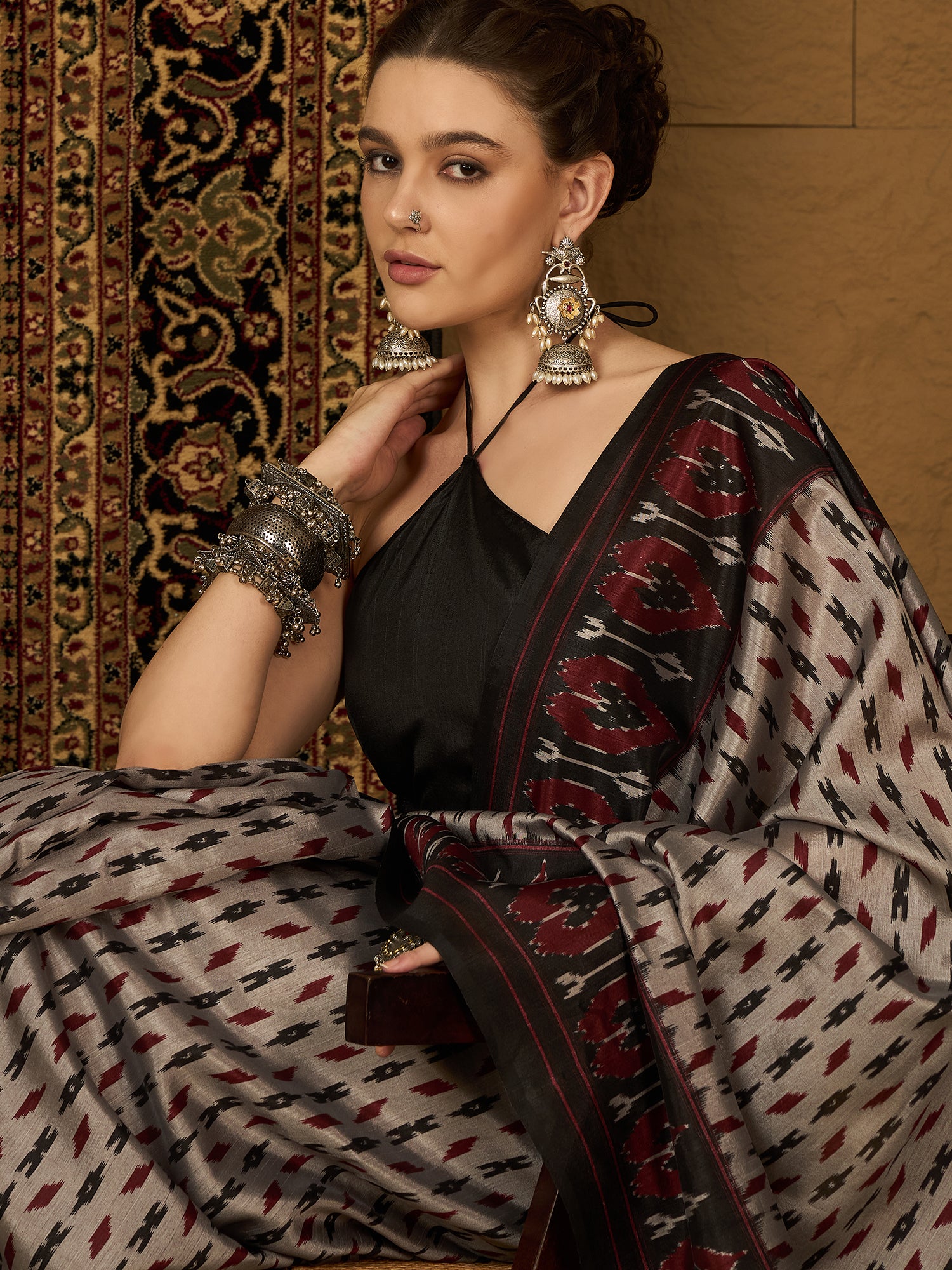 WOMANIYA Black printed Design – Premium saree  Elegant Collection  Sarees in Authentic Bhagalpuri Silk