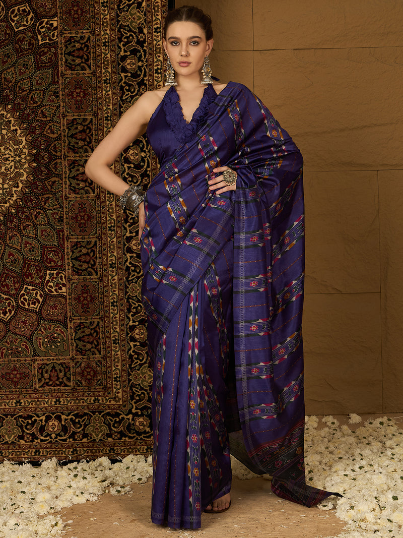 Womaniya Bhagalpuri Silk Saree – Midnight Blue with Colorful Accents and Zari Borders | Perfect for Evening Glam, Weddings, and Special Occasions