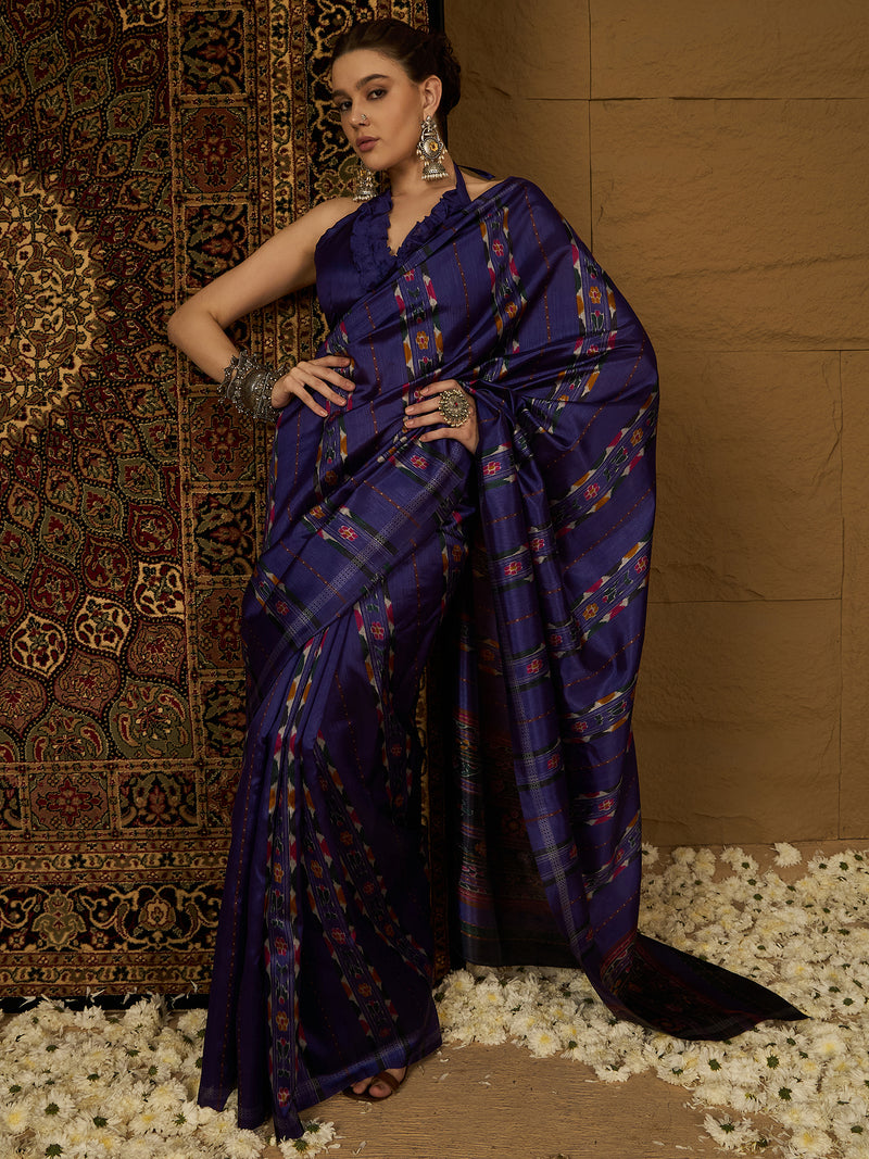 Womaniya Bhagalpuri Silk Saree – Midnight Blue with Colorful Accents and Zari Borders | Perfect for Evening Glam, Weddings, and Special Occasions