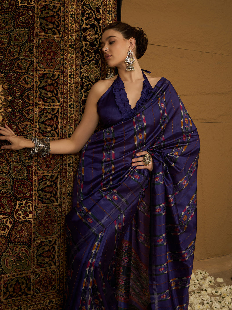 Womaniya Bhagalpuri Silk Saree – Midnight Blue with Colorful Accents and Zari Borders | Perfect for Evening Glam, Weddings, and Special Occasions