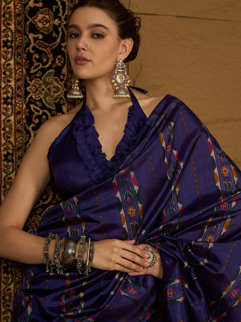 Womaniya Bhagalpuri Silk Saree – Midnight Blue with Colorful Accents and Zari Borders | Perfect for Evening Glam, Weddings, and Special Occasions