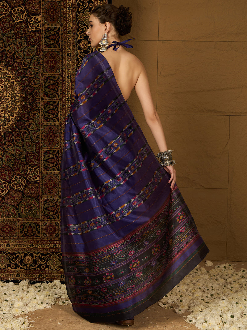 Womaniya Bhagalpuri Silk Saree – Midnight Blue with Colorful Accents and Zari Borders | Perfect for Evening Glam, Weddings, and Special Occasions