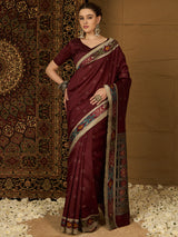 Womaniya Bhagalpuri Silk Saree – Understated Maroon Beauty with Beige Charm | Perfect for Weddings and Festive Occasions