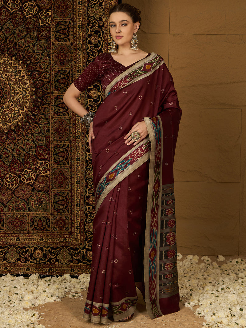 Womaniya Bhagalpuri Silk Saree – Understated Maroon Beauty with Beige Charm | Perfect for Weddings and Festive Occasions