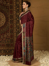 Womaniya Bhagalpuri Silk Saree – Understated Maroon Beauty with Beige Charm | Perfect for Weddings and Festive Occasions